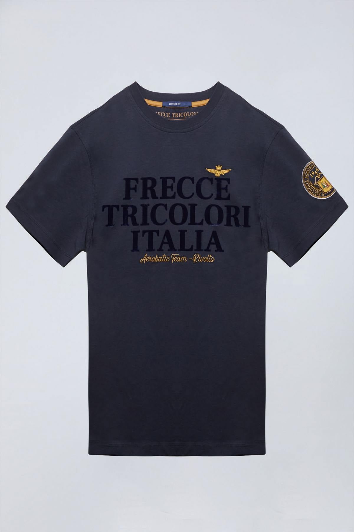 100% cotton navy blue t-shirt with flocked print - Image n°5