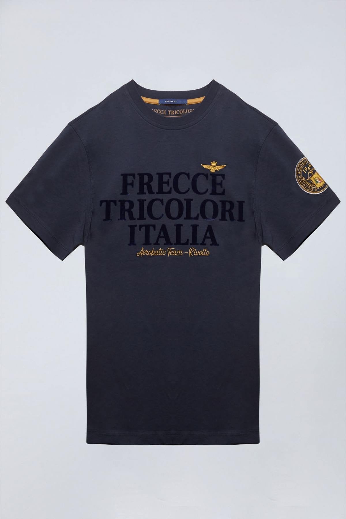 100% cotton navy blue t-shirt with flocked print - Image n°5