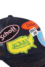 Von Dutch denim cap in collaboration with Schott NYC, with colorful patches - Image n°2