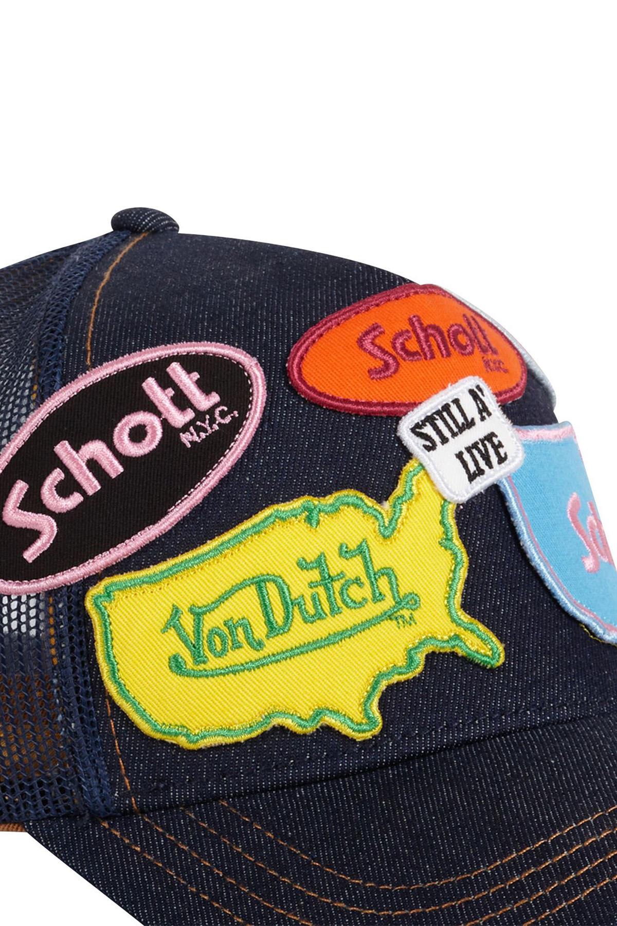 Von Dutch denim cap in collaboration with Schott NYC, with colorful patches - Image n°2