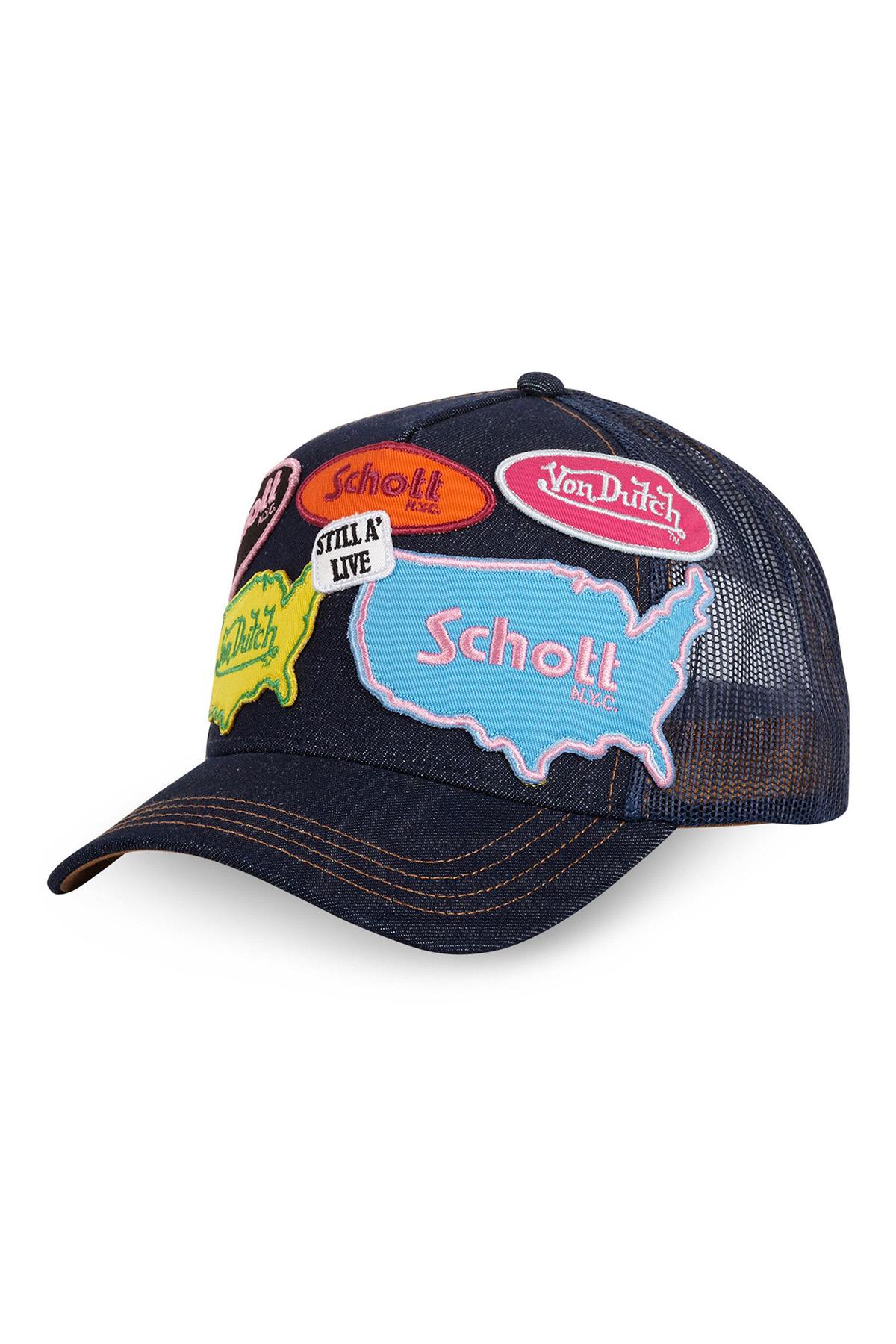 Von Dutch denim cap in collaboration with Schott NYC, with colorful patches - Image n°1