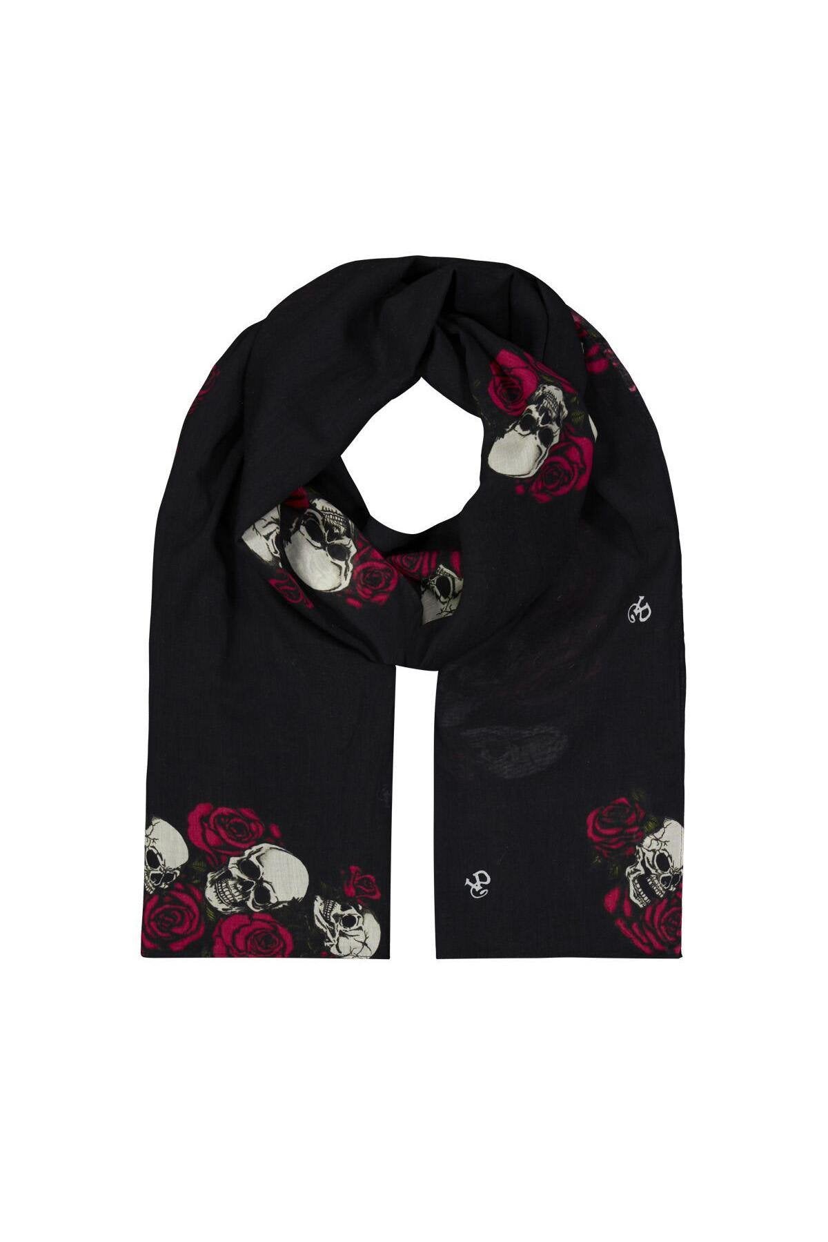 Cotton scarf with skull and rose print - Image n°1