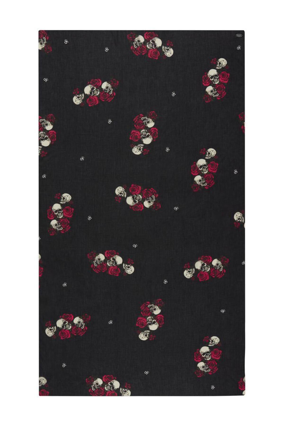Cotton scarf with skull and rose print - Image n°2