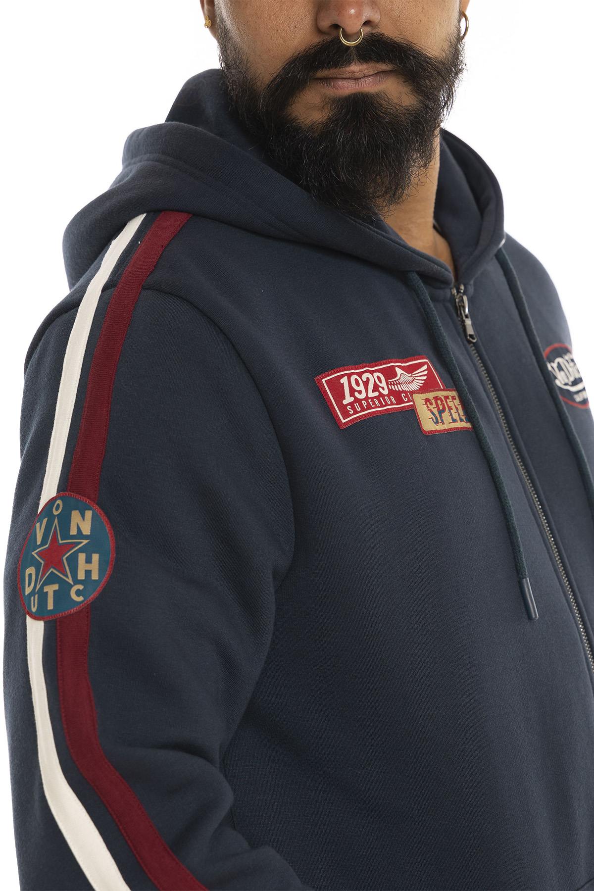 Hooded zip-up sweatshirt with sleeve stripes and patches - Image n°2