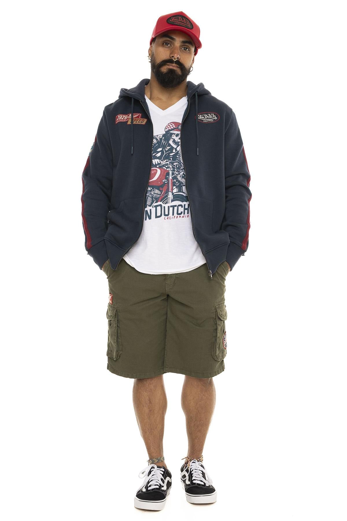 Hooded zip-up sweatshirt with sleeve stripes and patches - Image n°5