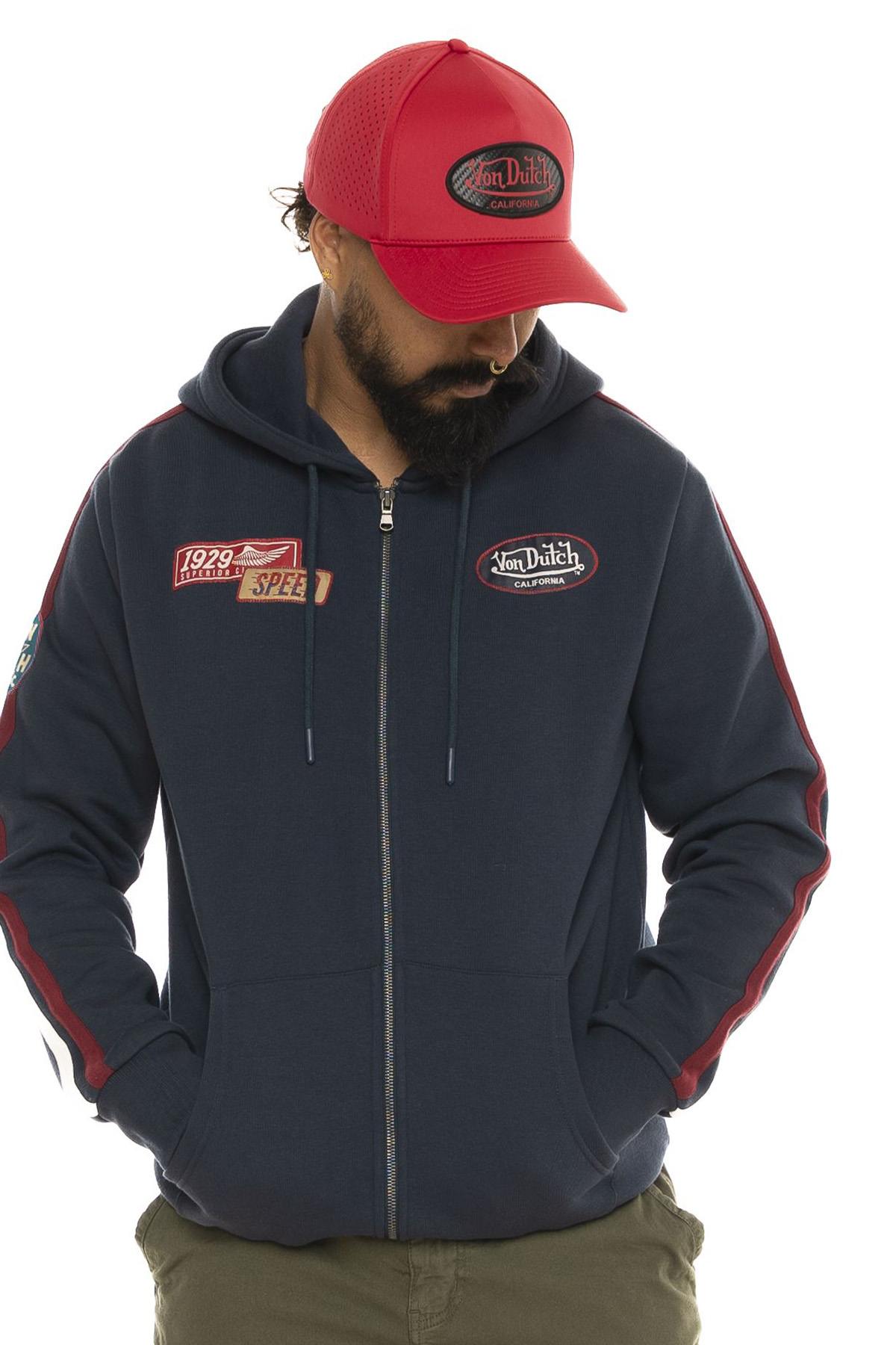 Hooded zip-up sweatshirt with sleeve stripes and patches - Image n°1