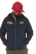 Hooded zip-up sweatshirt with sleeve stripes and patches - Image n°1