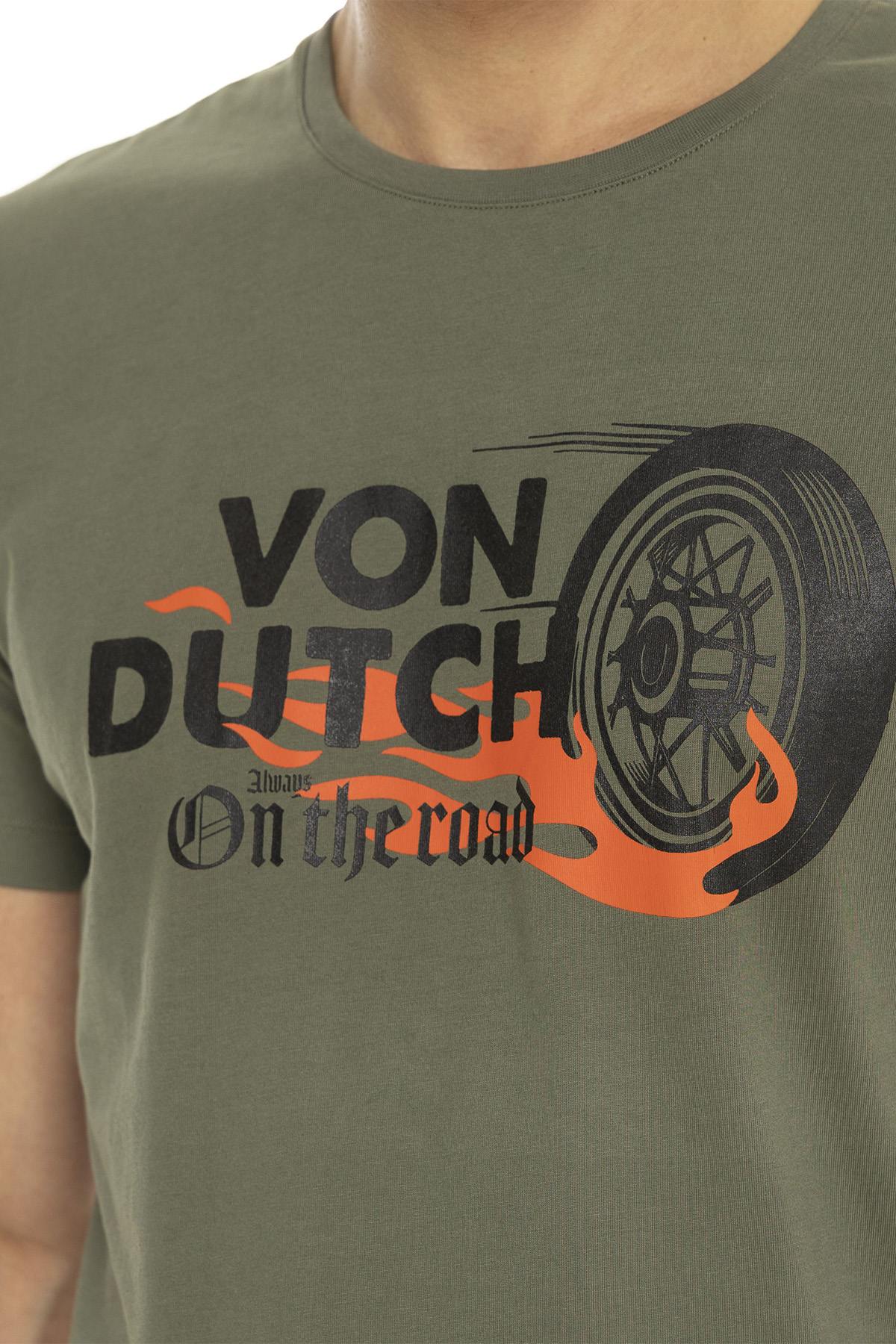 Khaki cotton t-shirt with burning wheel print - Image n°2