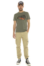 Khaki cotton t-shirt with burning wheel print - Image n°3