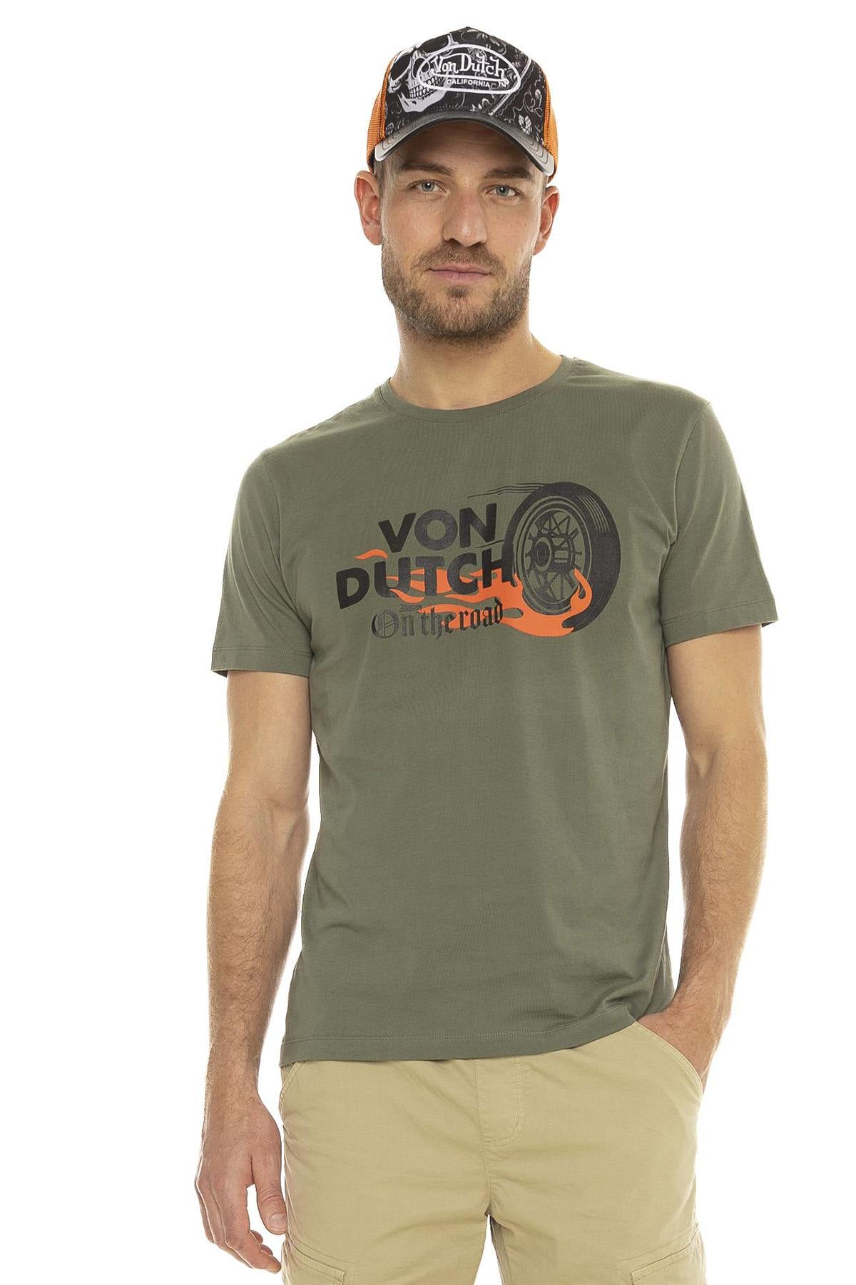 Khaki cotton t-shirt with burning wheel print - Image n°1