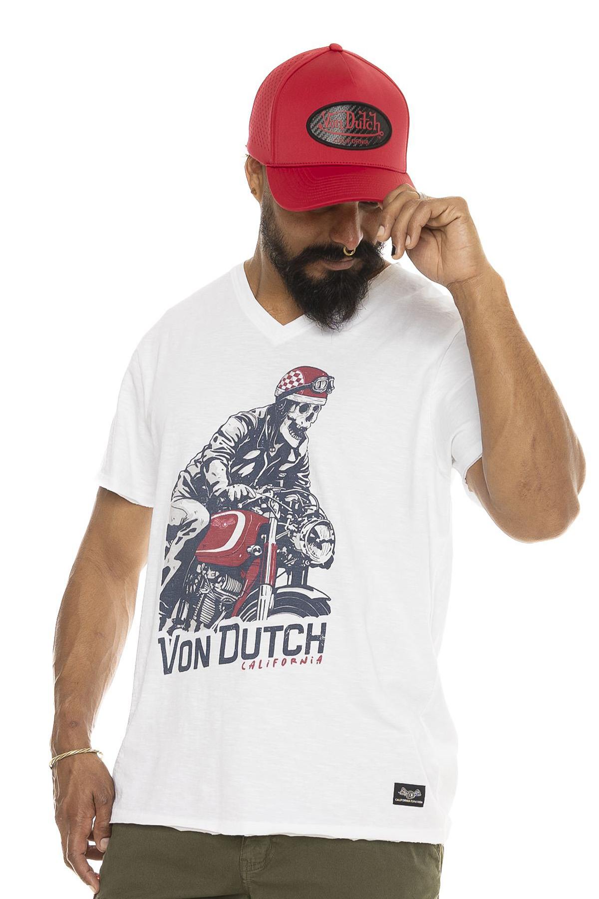 White cotton t-shirt with biker skeleton print - Image n°1