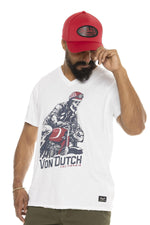 White cotton t-shirt with biker skeleton print - Image n°1