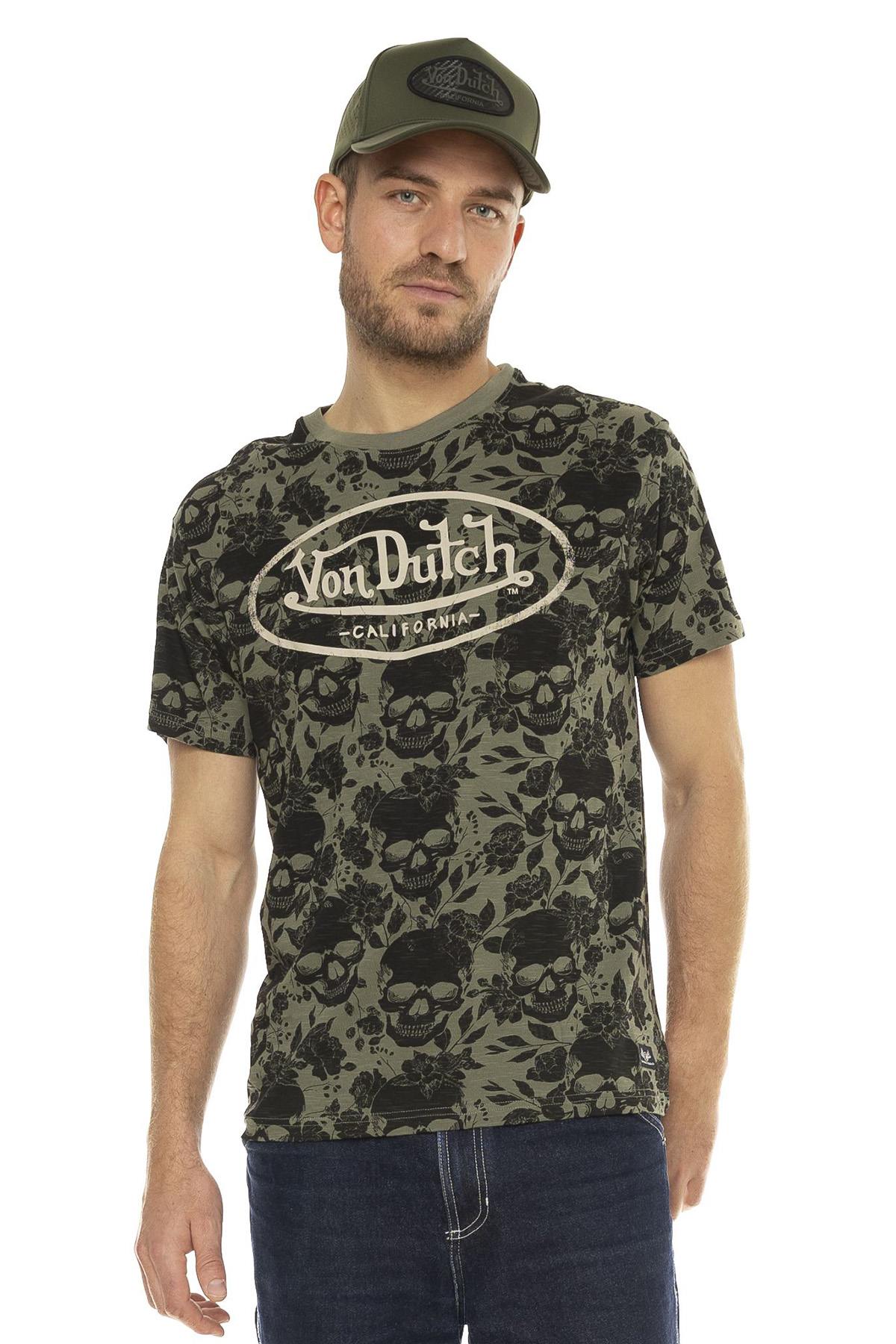 Black and khaki cotton t-shirt with skull pattern - Image n°1