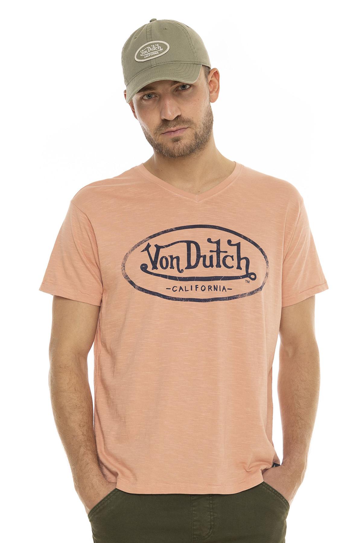 Pale pink fine cotton t-shirt with black logo - Image n°1