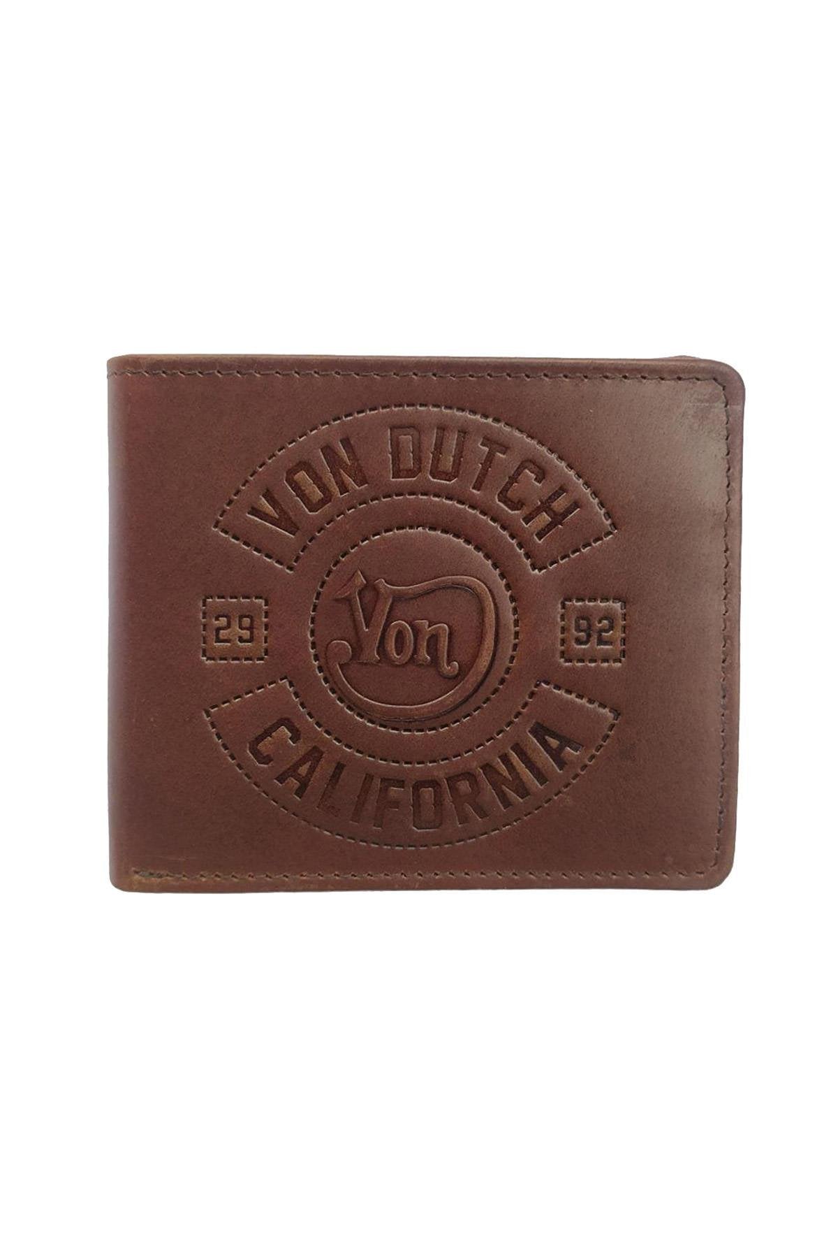 Brown leather wallet with embossed logo - Image n°1