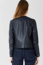 Short, thin and lightweight blue leather jacket with crew neck - Image n°4
