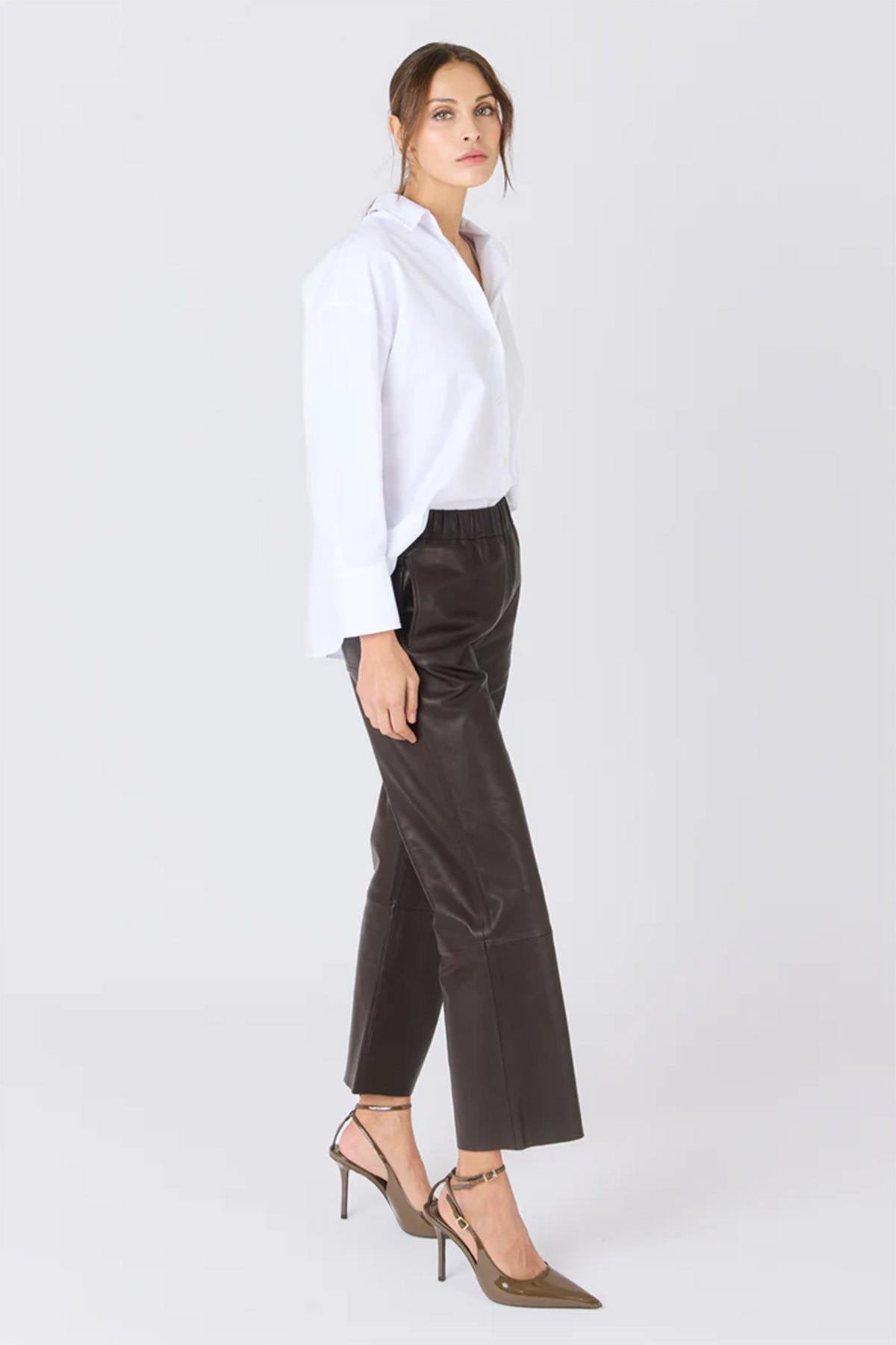 Brown leather pants with wide edges - Image n°3