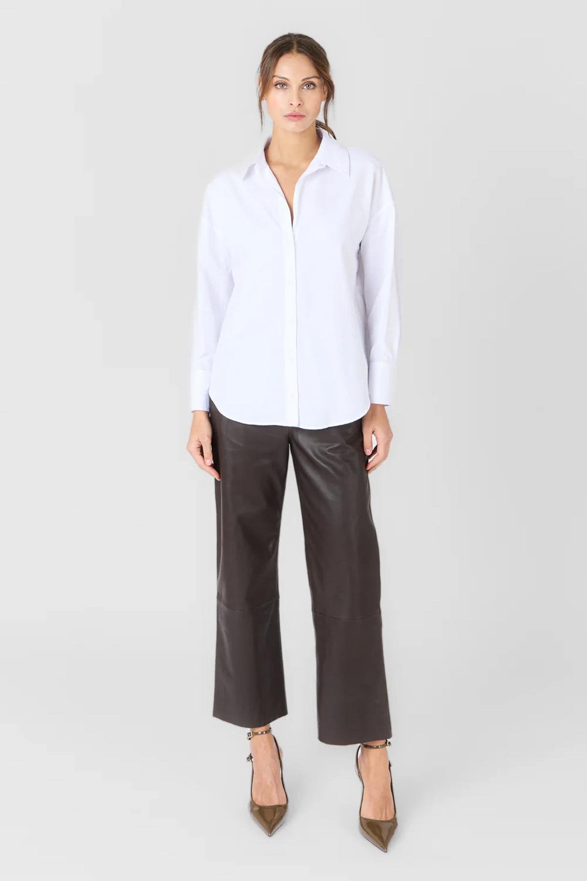 Brown leather pants with wide edges - Image n°7