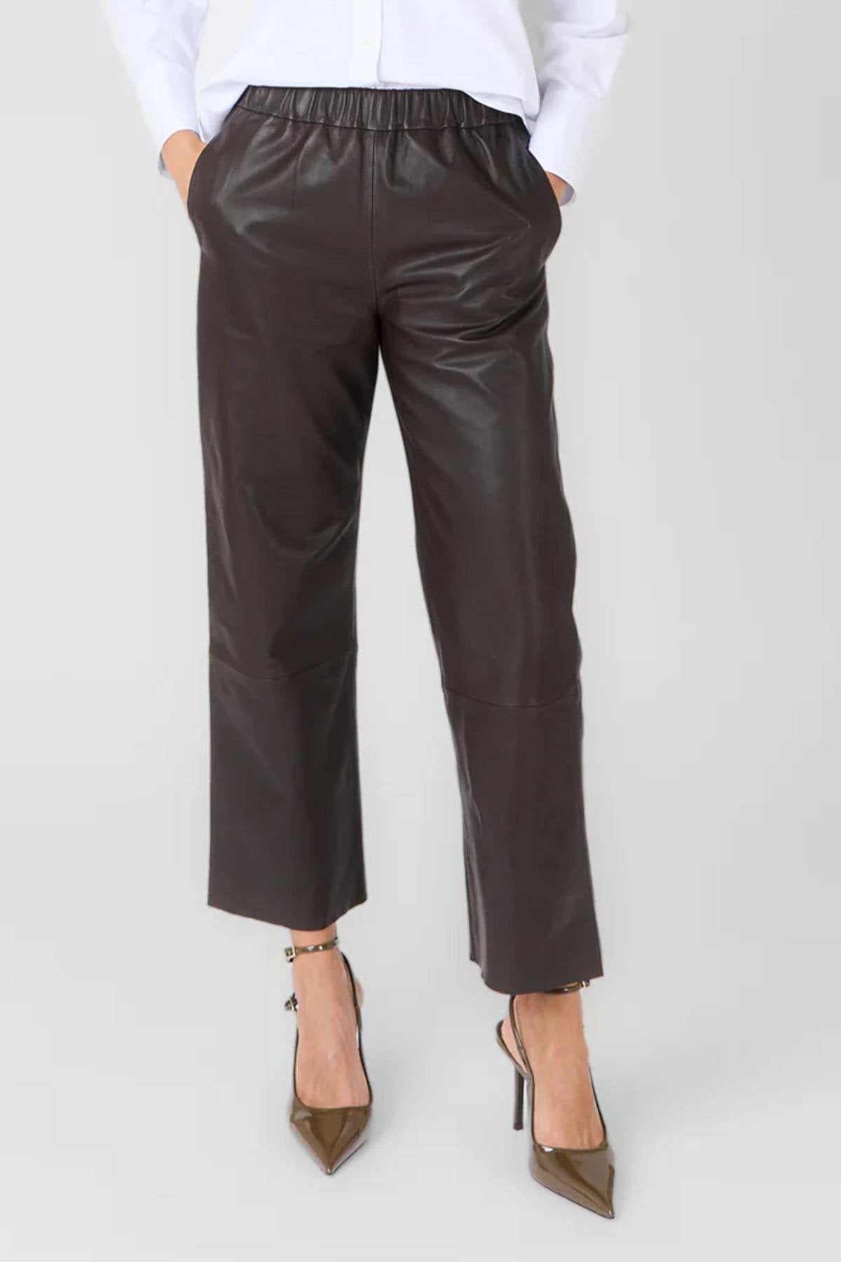 Brown leather pants with wide edges - Image n°1