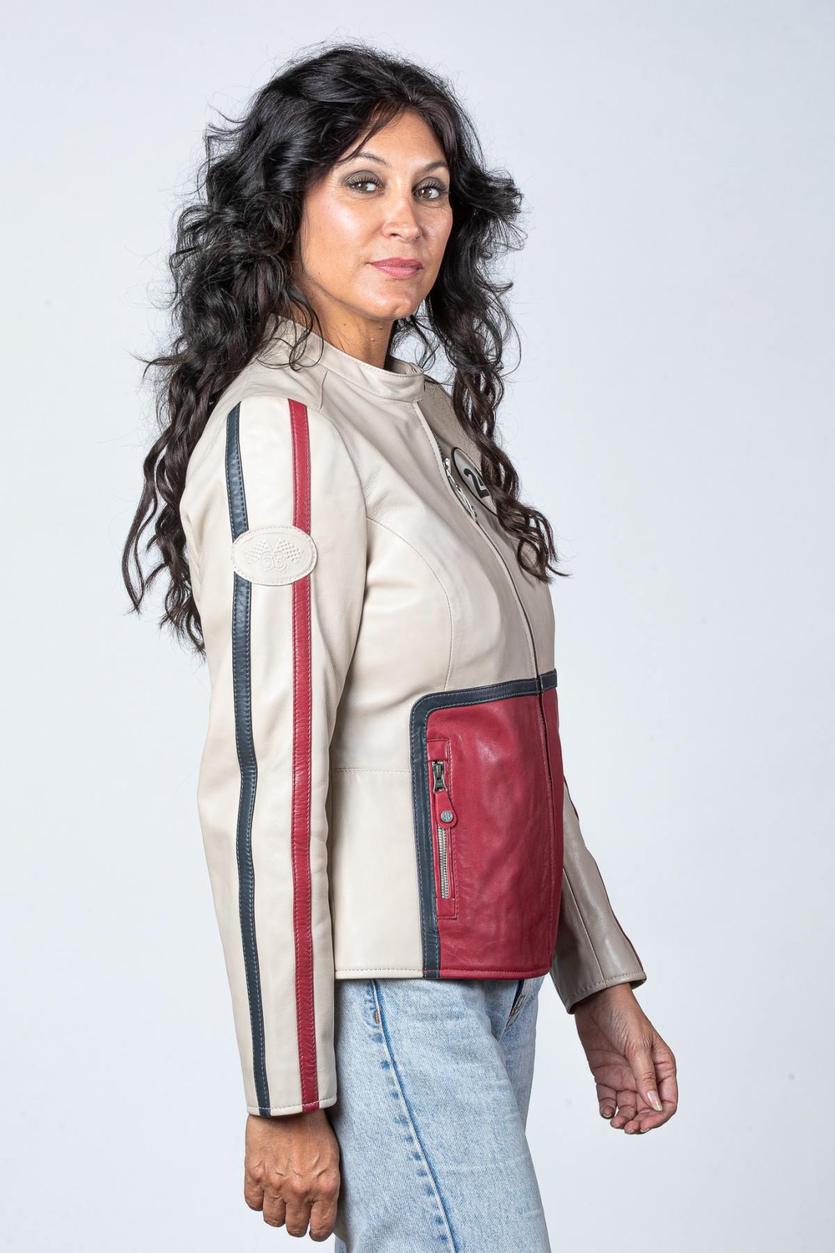 Ecru sheep leather jacket with racing accents. Soft and lightweight. - Image n°2