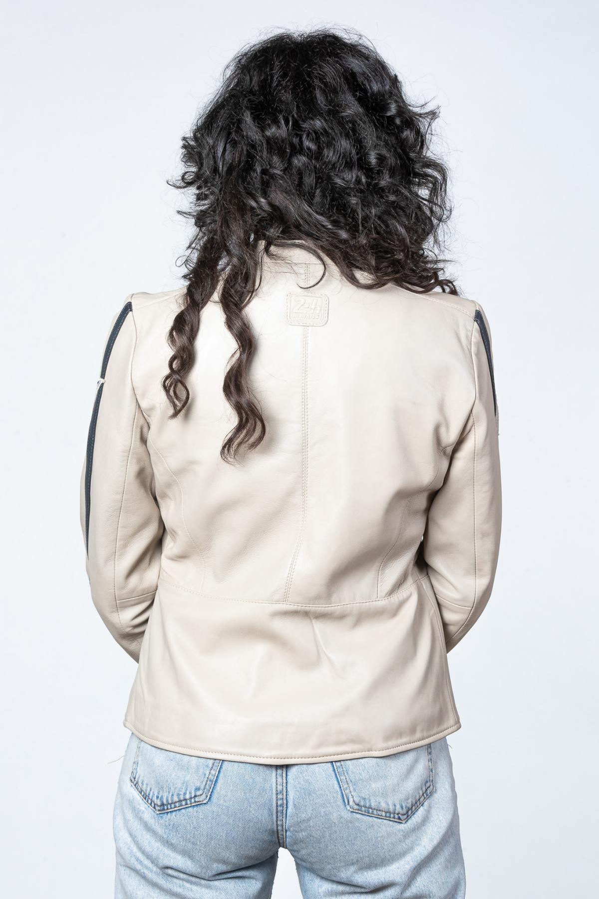 Ecru sheep leather jacket with racing accents. Soft and lightweight. - Image n°3