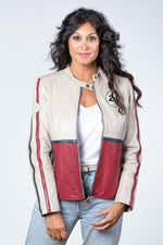 Ecru sheep leather jacket with racing accents. Soft and lightweight. - Image n°4