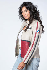 Ecru sheep leather jacket with racing accents. Soft and lightweight. - Image n°5