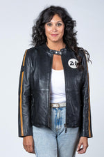 Women's black racing leather jacket - Image n°1