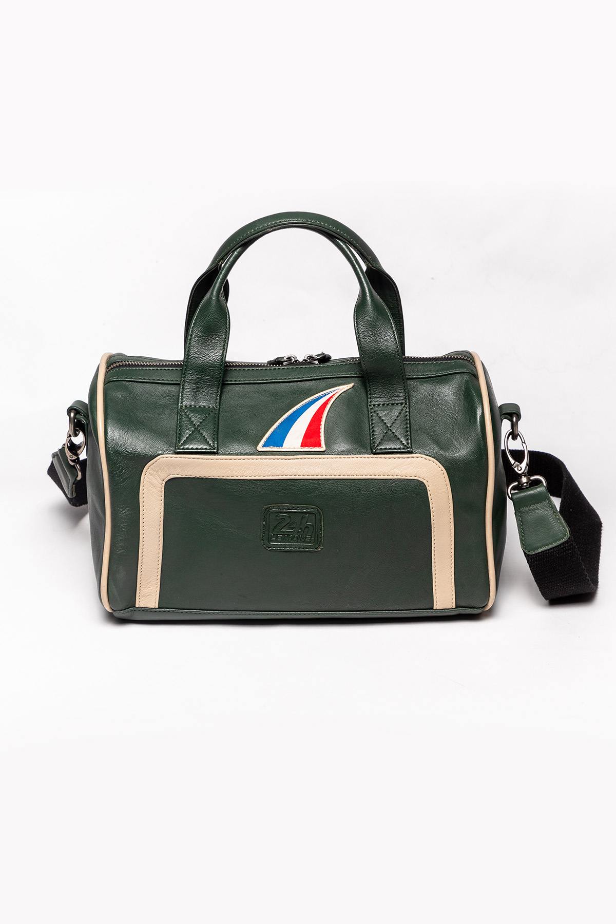 Racing green leather handbag with ecru inserts - Image n°3