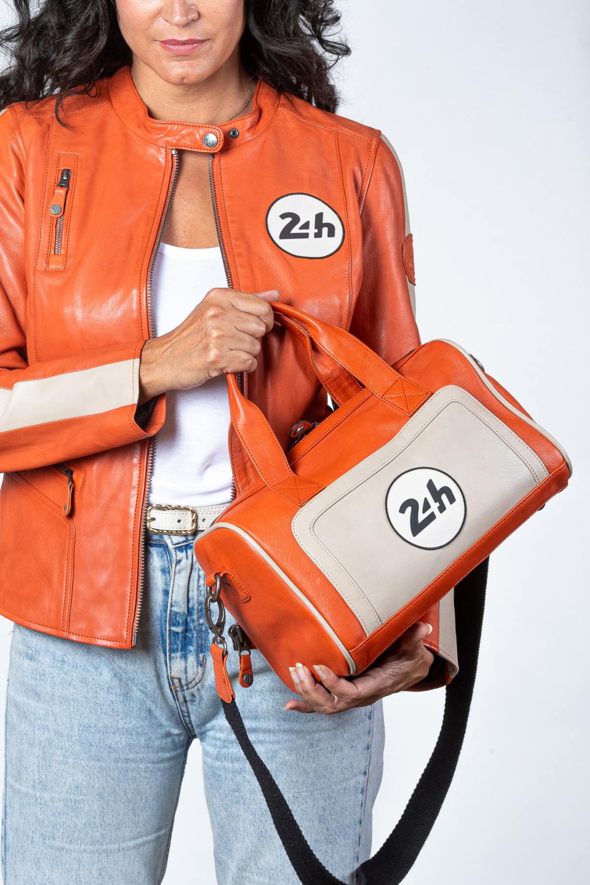 24H Le Mans orange and ecru leather handbag - Image n°1