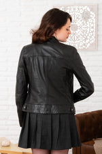 Black casual biker collar leather jacket - Image n°4