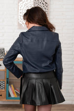 Navy blue leather jacket with shirt collar and fitted waist - Image n°2