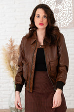 Dark cognac leather bomber jacket with shirt collar - Image n°5