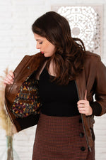 Dark cognac leather bomber jacket with shirt collar - Image n°7