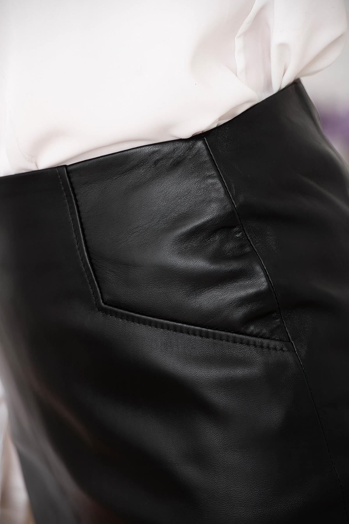 Black leather mid-length skirt - Image n°4