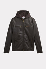 Cocoa-colored leather hooded jacket - Image n°9