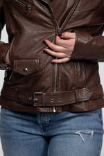 Bison-colored leather biker jacket - Image n°10
