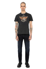 Black washed cotton t-shirt with biker print - Image n°6