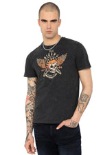 Black washed cotton t-shirt with biker print - Image n°1