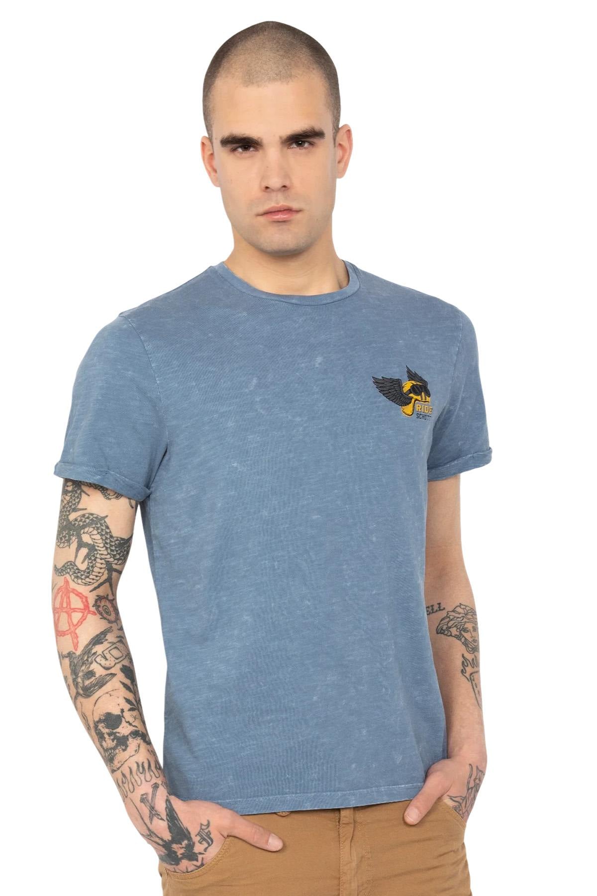 Blue cotton t-shirt with biker logo - Image n°1