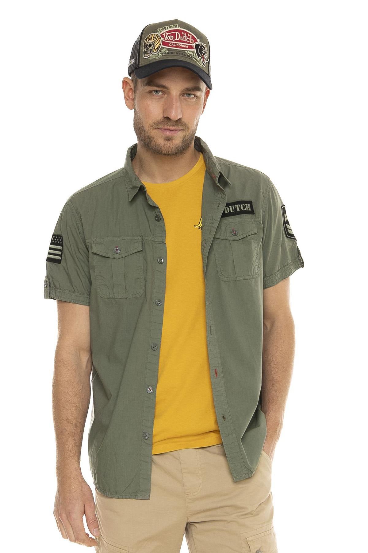 Short-sleeved army khaki cotton shirt - Image n°1