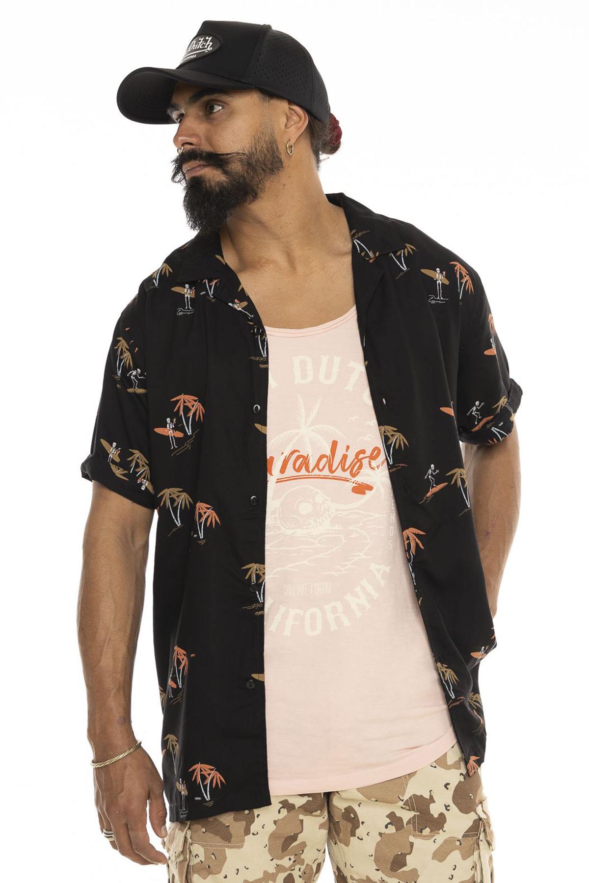 Black short-sleeved shirt with surf pattern - Image n°5