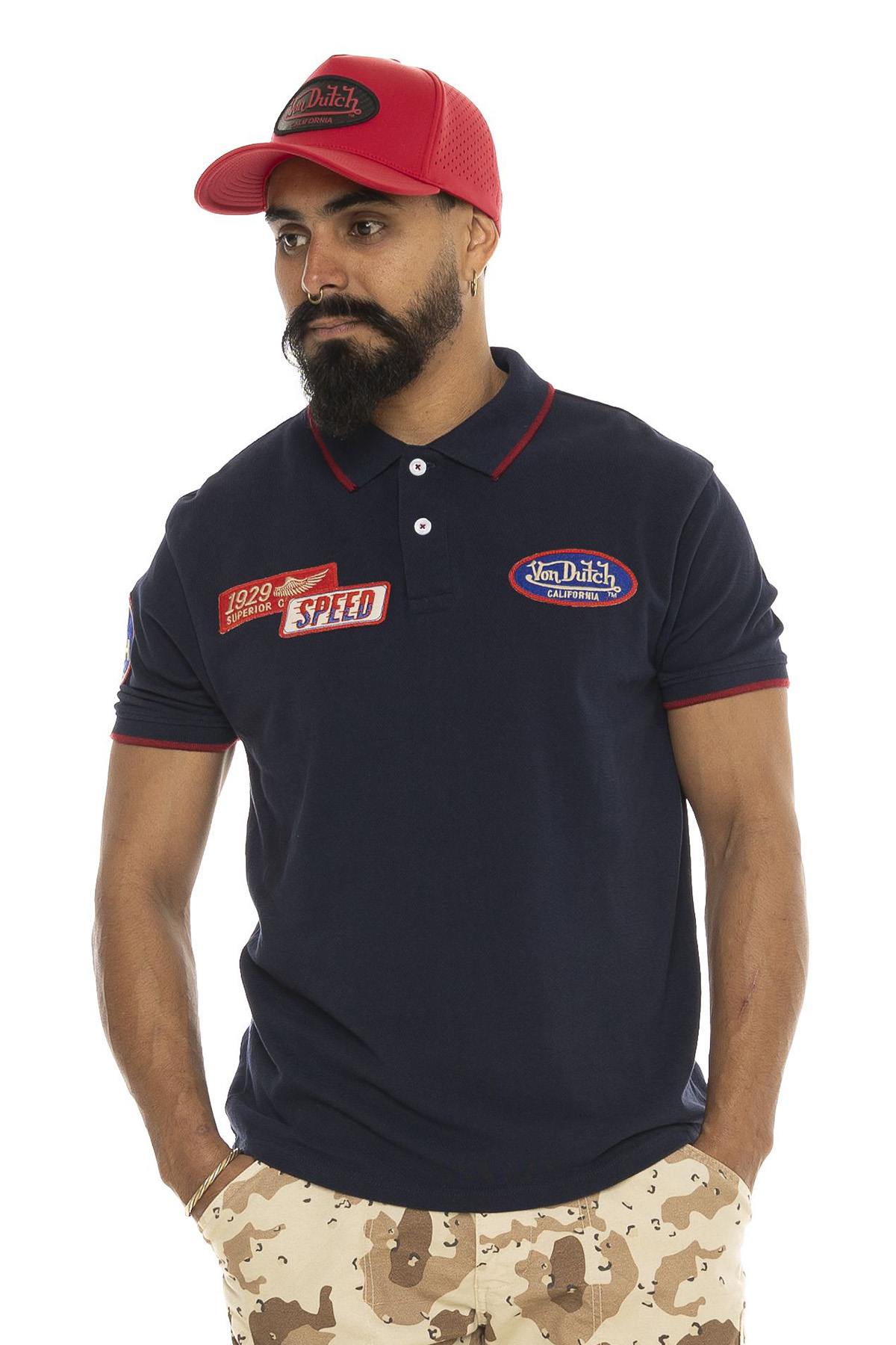 Navy blue cotton polo shirt in garage style - Image n°1
