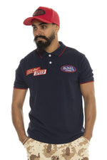 Navy blue cotton polo shirt in garage style - Image n°1