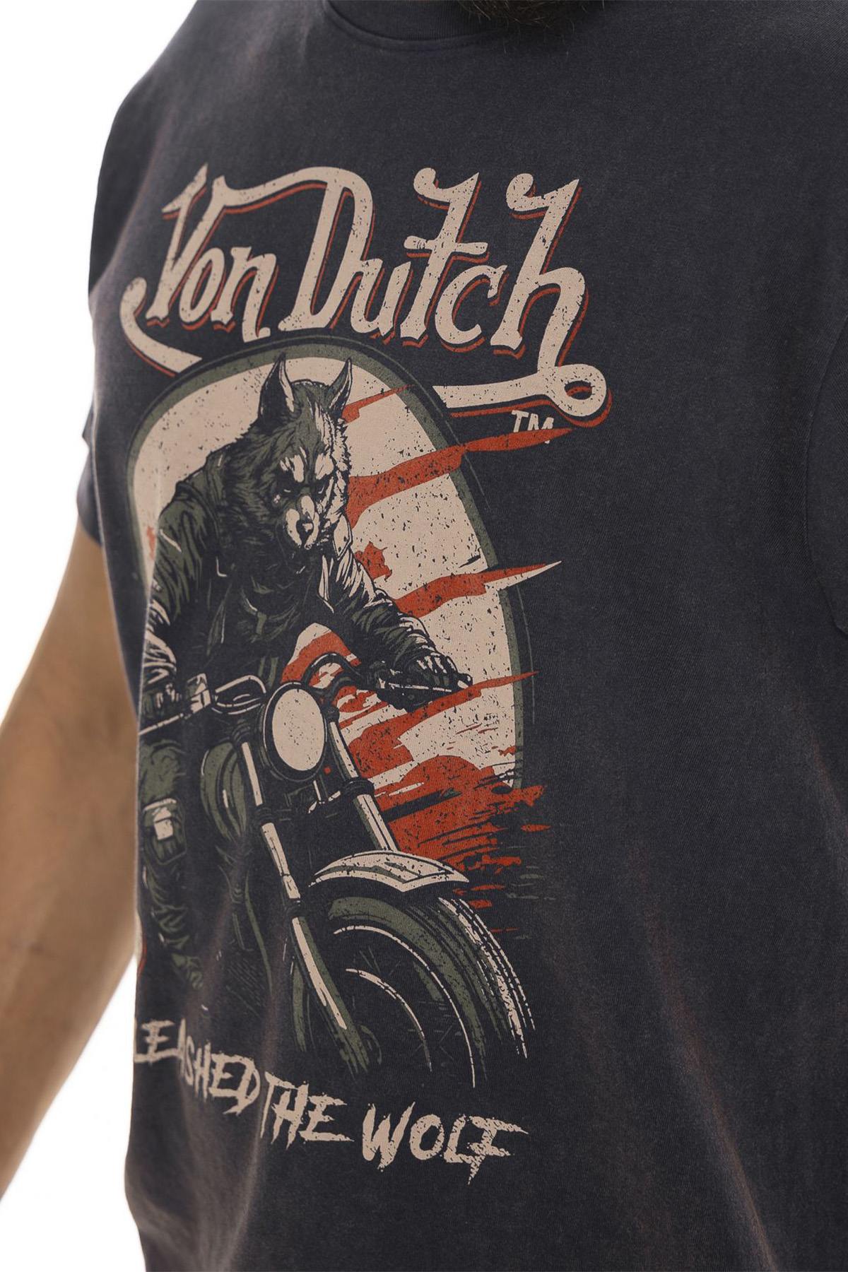Navy blue cotton t-shirt with biker wolf print - Image n°2