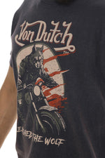 Navy blue cotton t-shirt with biker wolf print - Image n°2