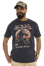 Navy blue cotton t-shirt with biker wolf print - Image n°1