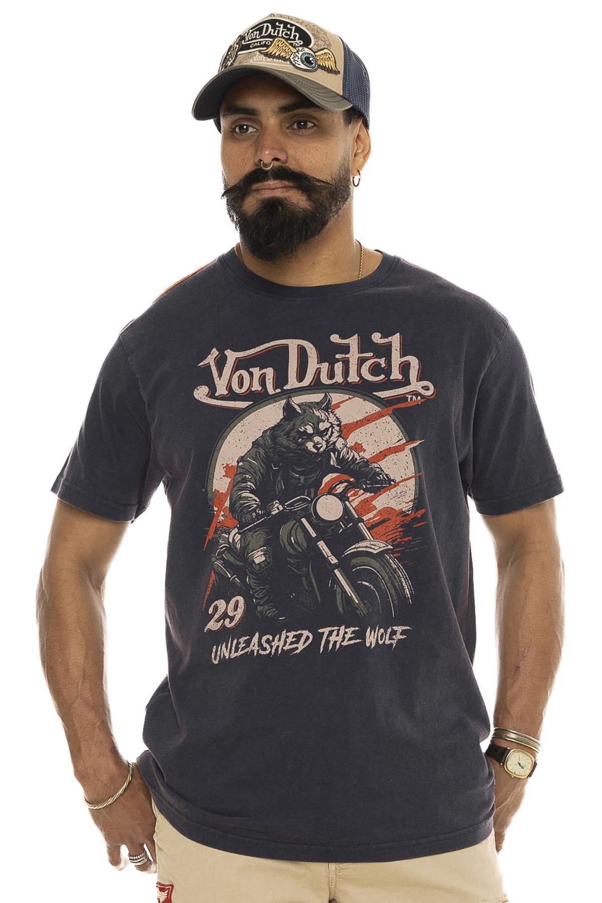 Navy blue cotton t-shirt with biker wolf print - Image n°1