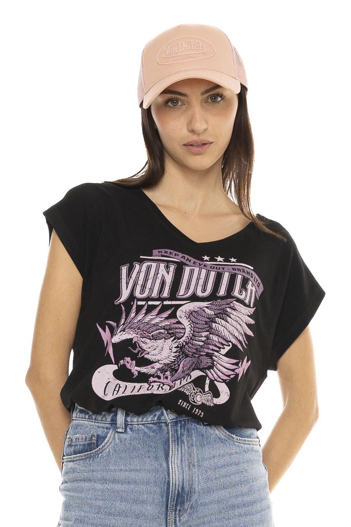 Black t-shirt with pink eagle illustration - Image n°1