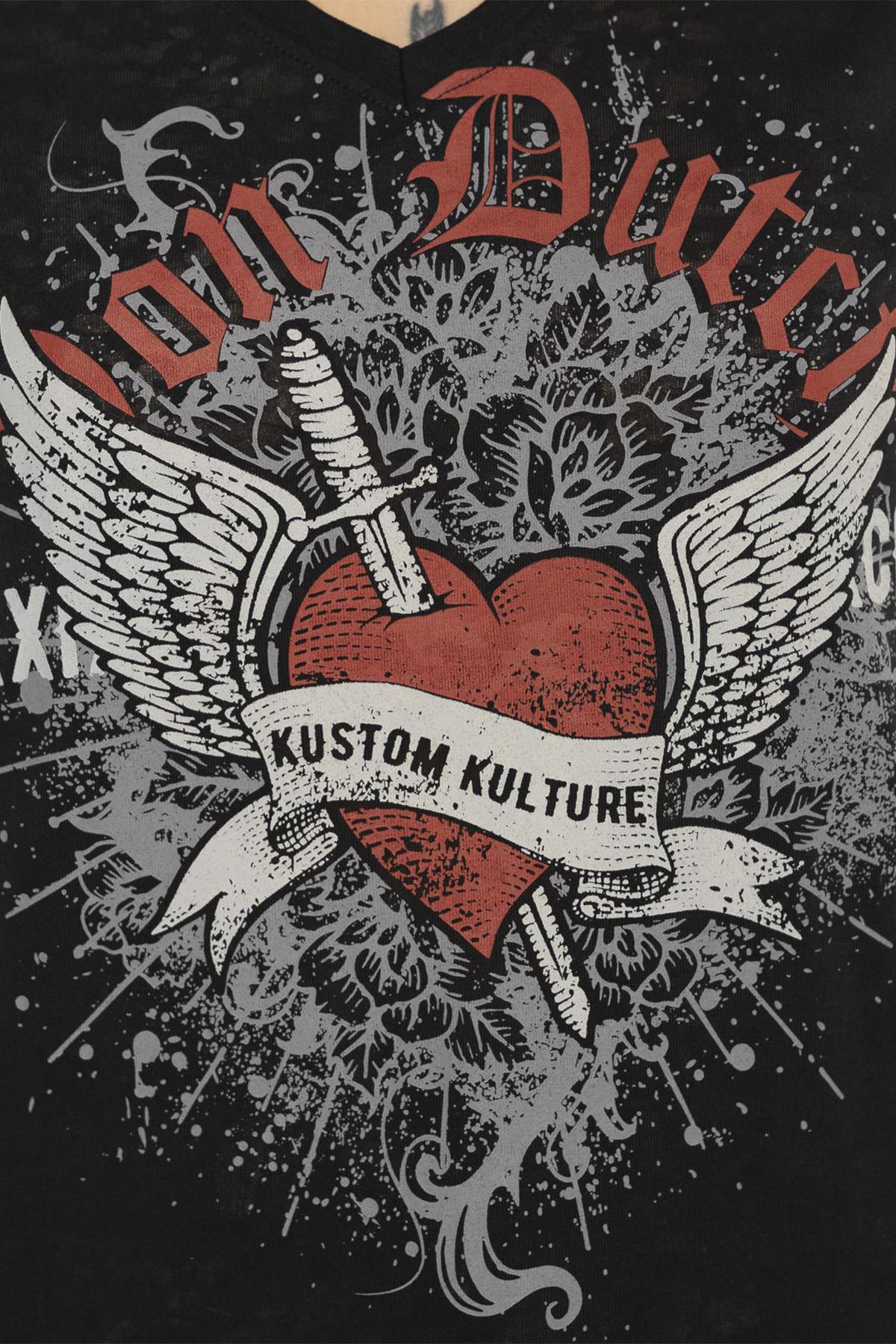 Black V-neck t-shirt with Kustom illustration - Image n°2